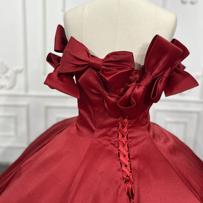 One Shoulder Red Satin Ball Gown with Bow for Women