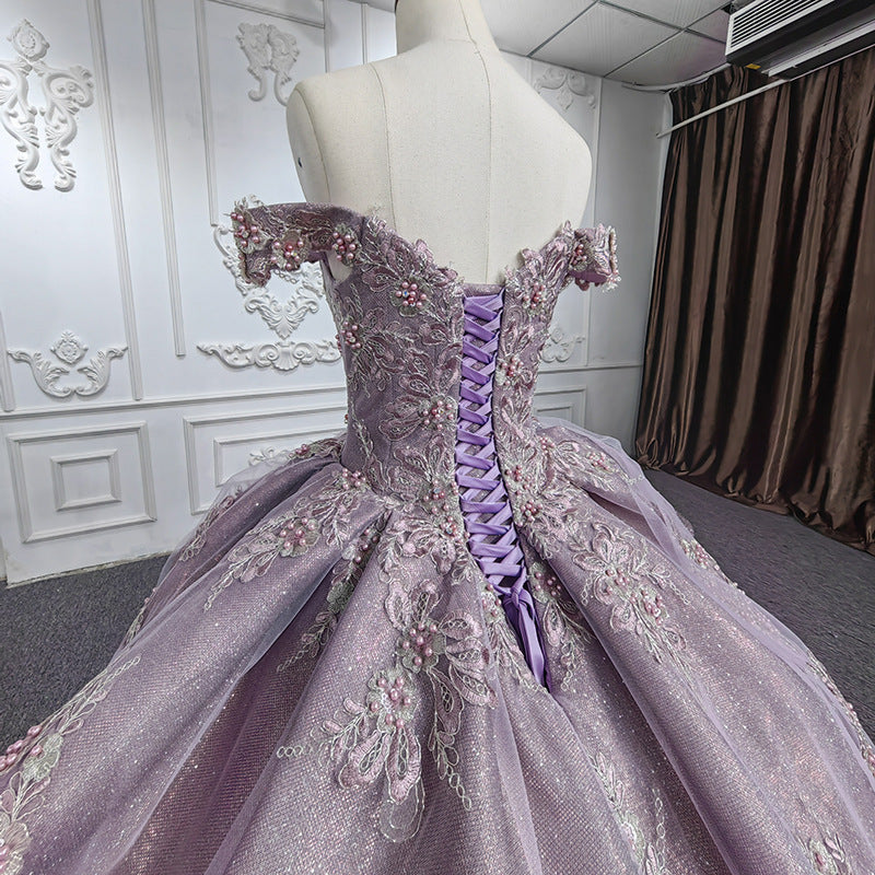 New purple one-shoulder shiny dress women's banquet evening dress