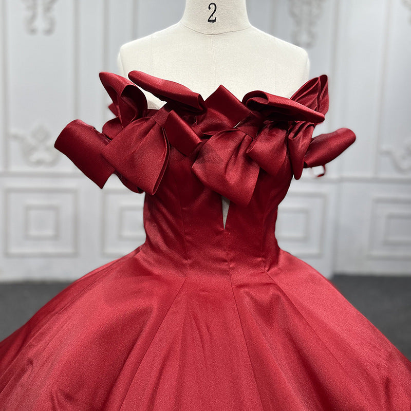 One Shoulder Red Satin Ball Gown with Bow for Women